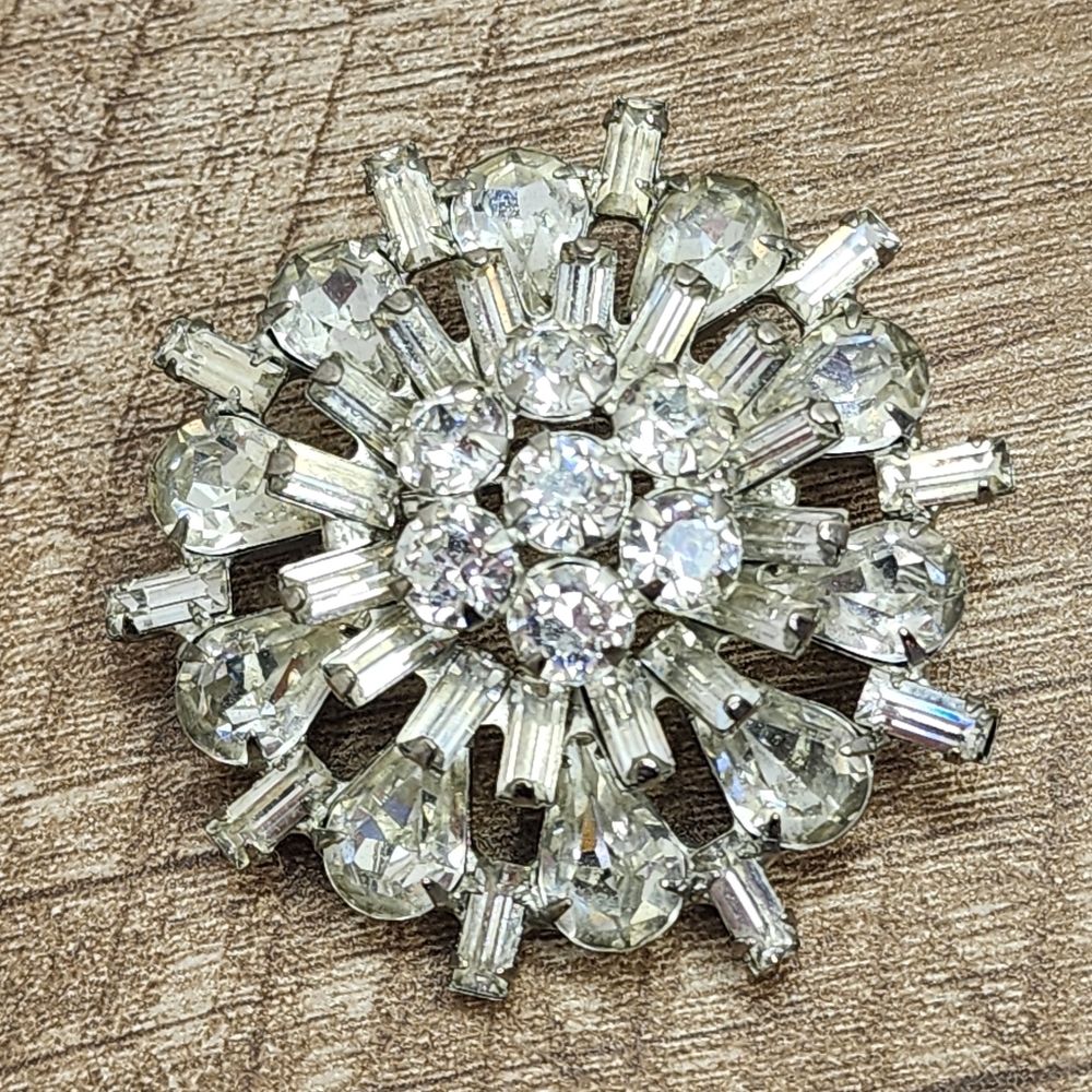 Vintage Signed Weiss Domed  Layered Rhinestone Brooch 2" Pear Round Baguette
